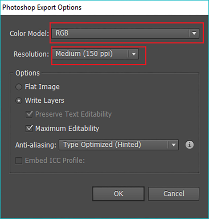 điều chỉnh photoshop export options